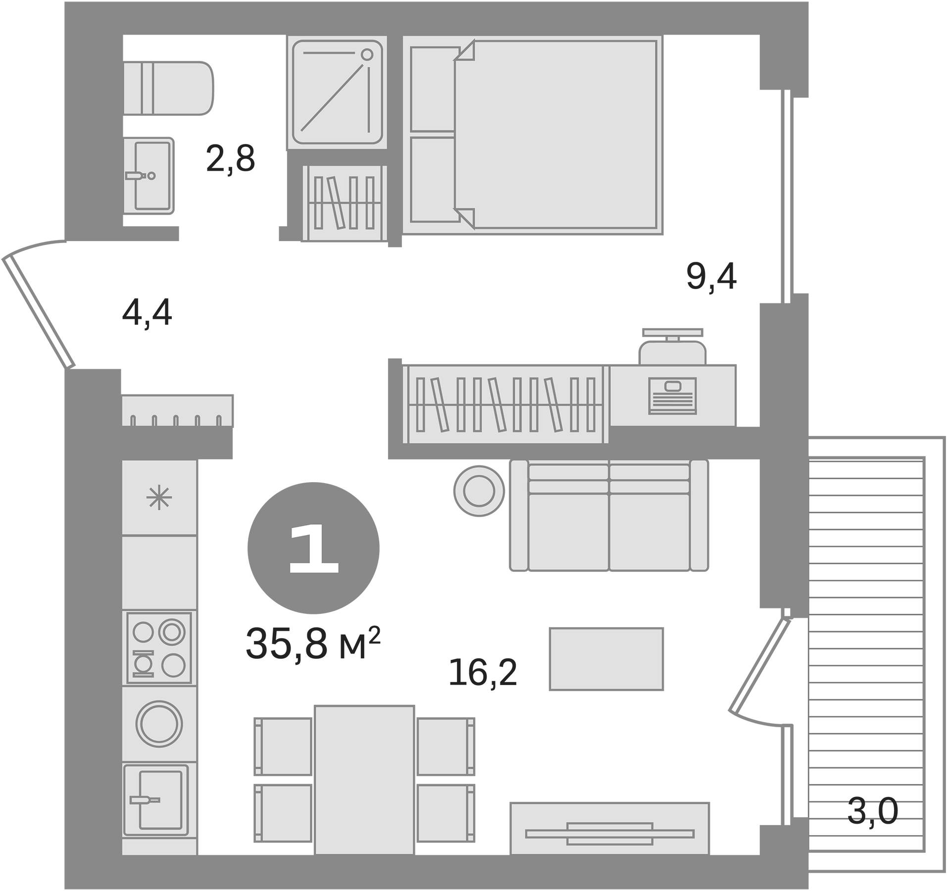 Планировка — Первый квартал. Вторая очередь, 1-комн., 33 м²