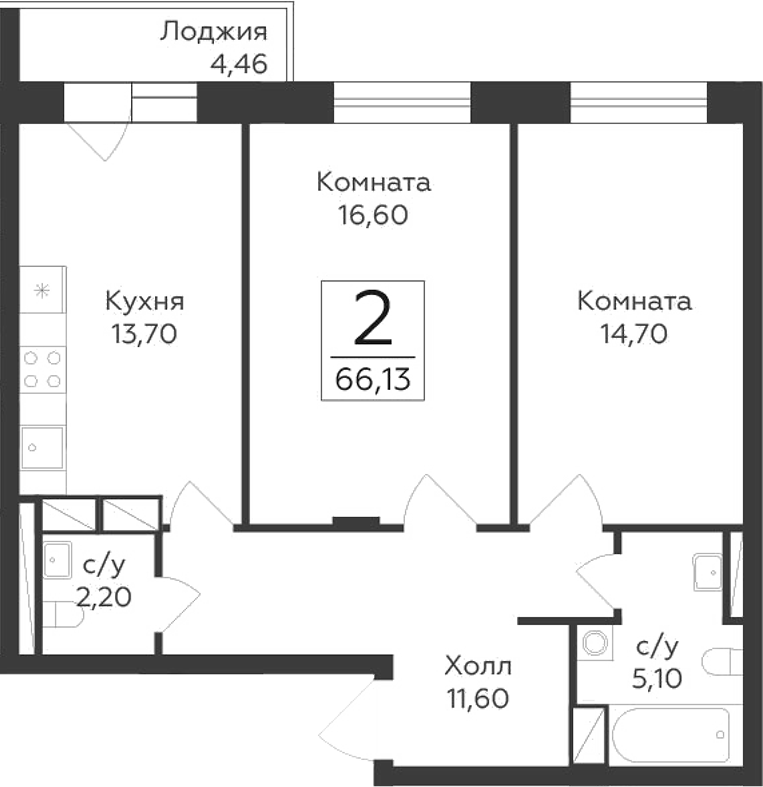 Планировка — Малаховский, 2-комн., 64 м²