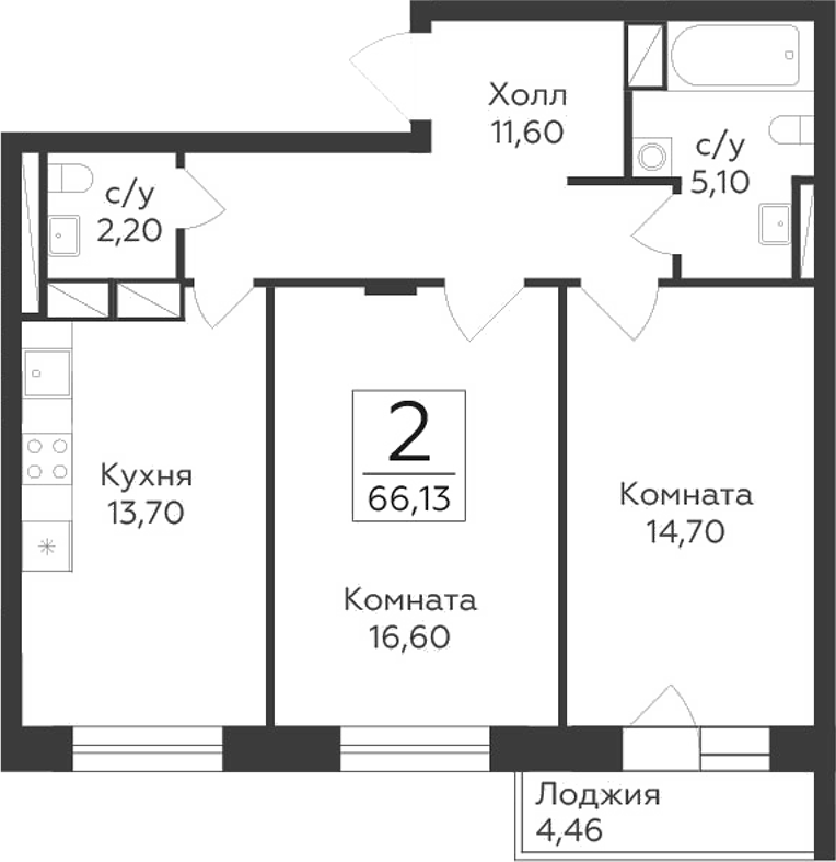 Планировка — Малаховский, 2-комн., 64 м²