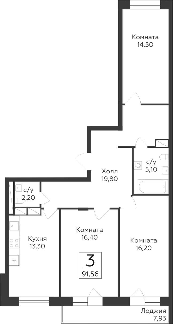 Планировка — Малаховский, 3-комн., 88 м²