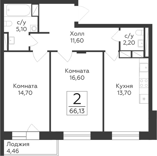 Планировка — Малаховский, 2-комн., 64 м²