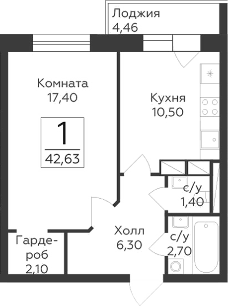 Планировка — Малаховский, 1-комн., 40 м²