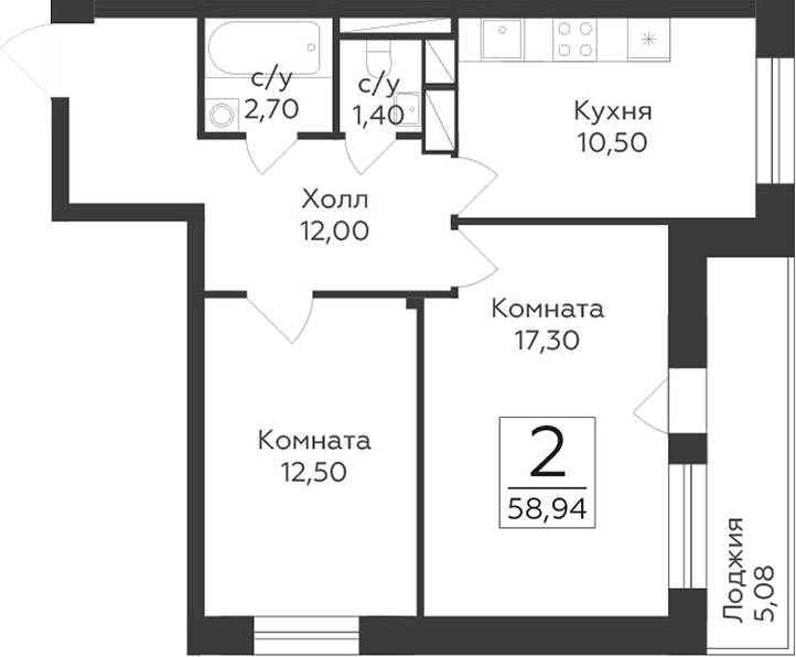 Планировка — Малаховский, 2-комн., 56 м²