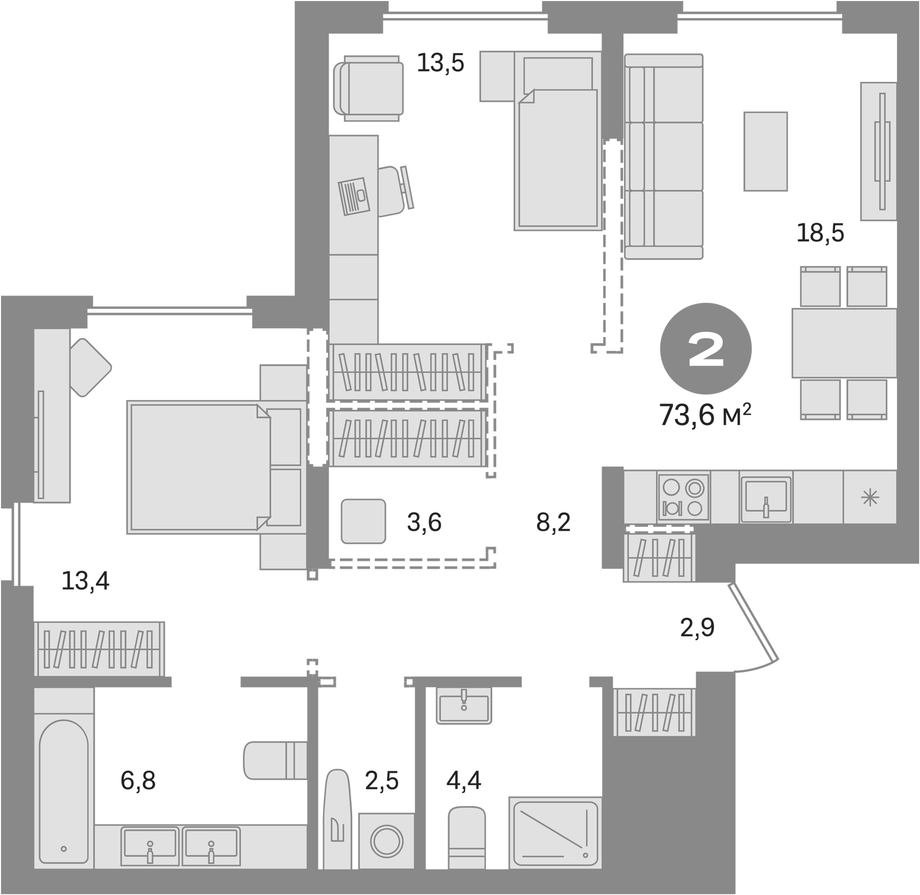 Планировка — Первый квартал. Вторая очередь, 2-комн., 74 м²
