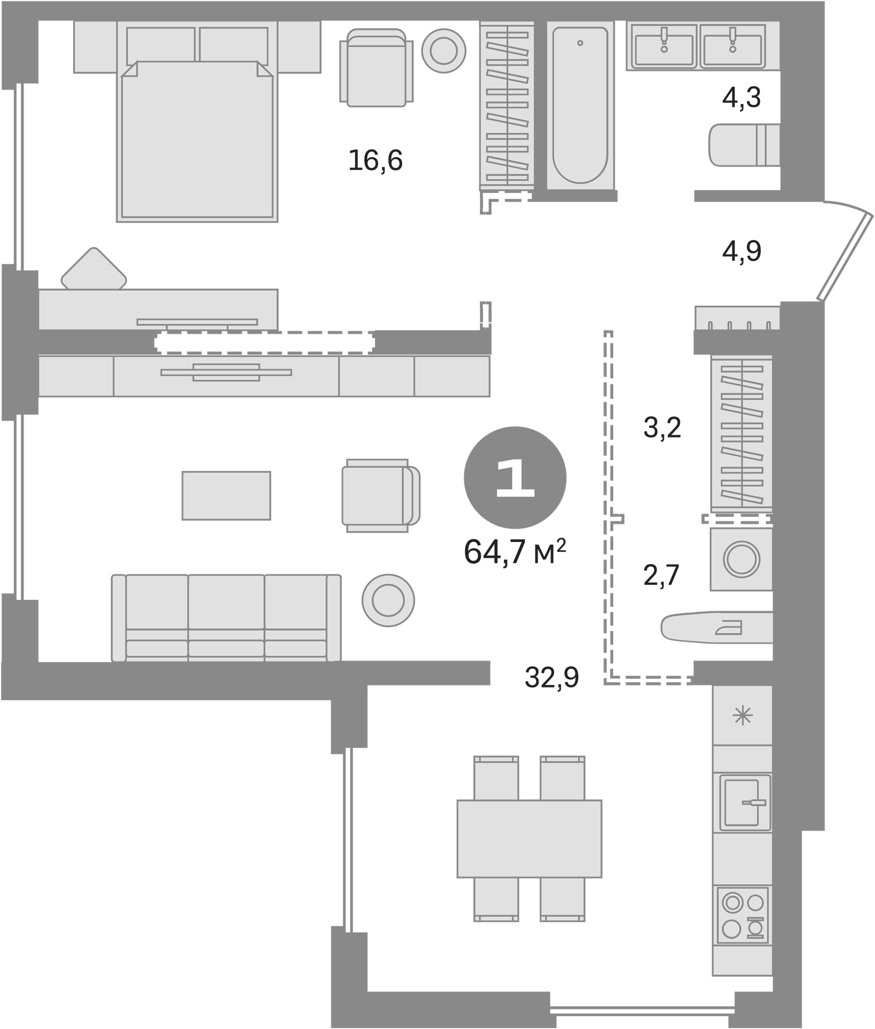 Планировка — Первый квартал. Вторая очередь, 1-комн., 65 м²