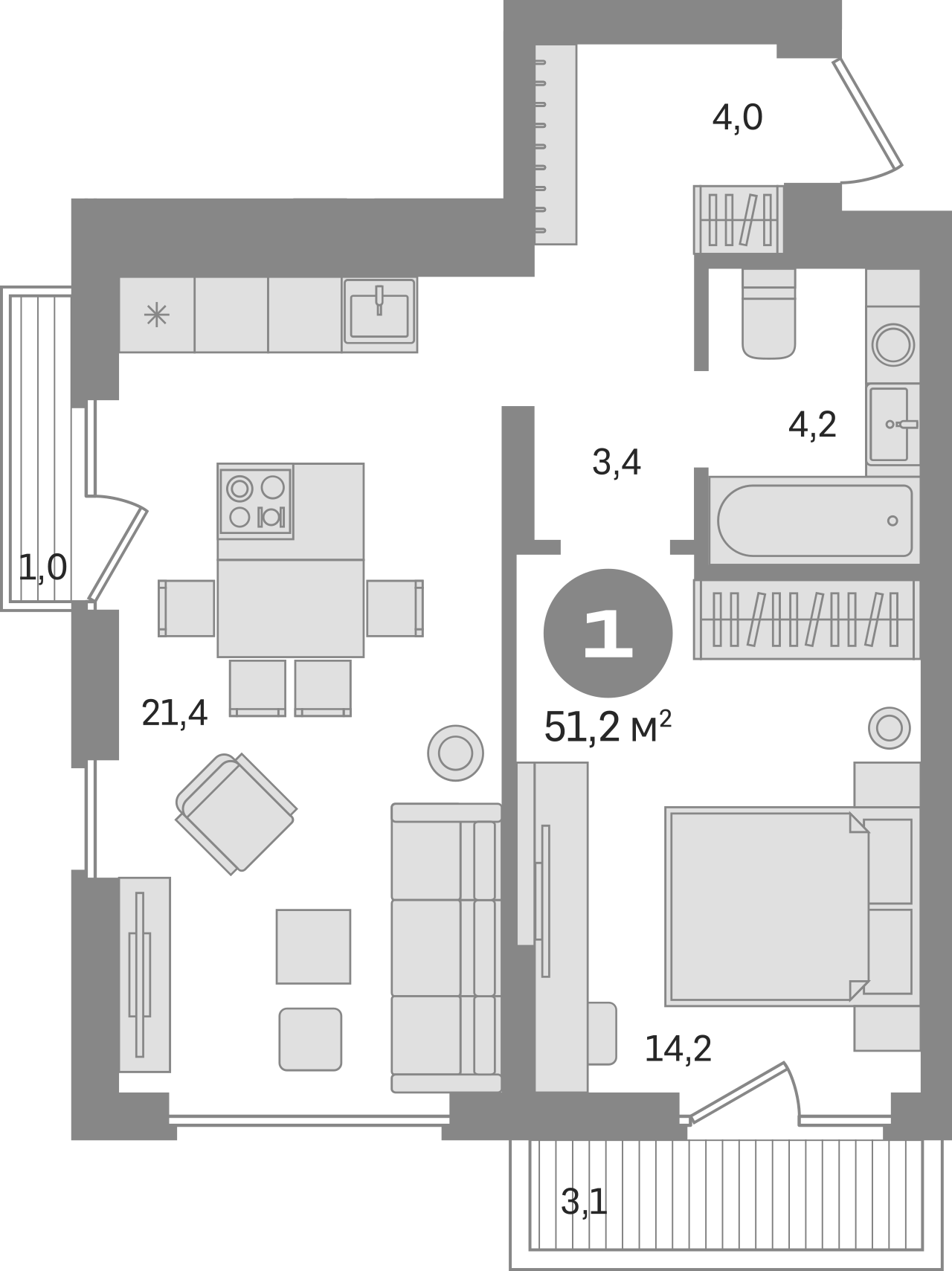 Планировка — Первый квартал. Вторая очередь, 1-комн., 47 м²