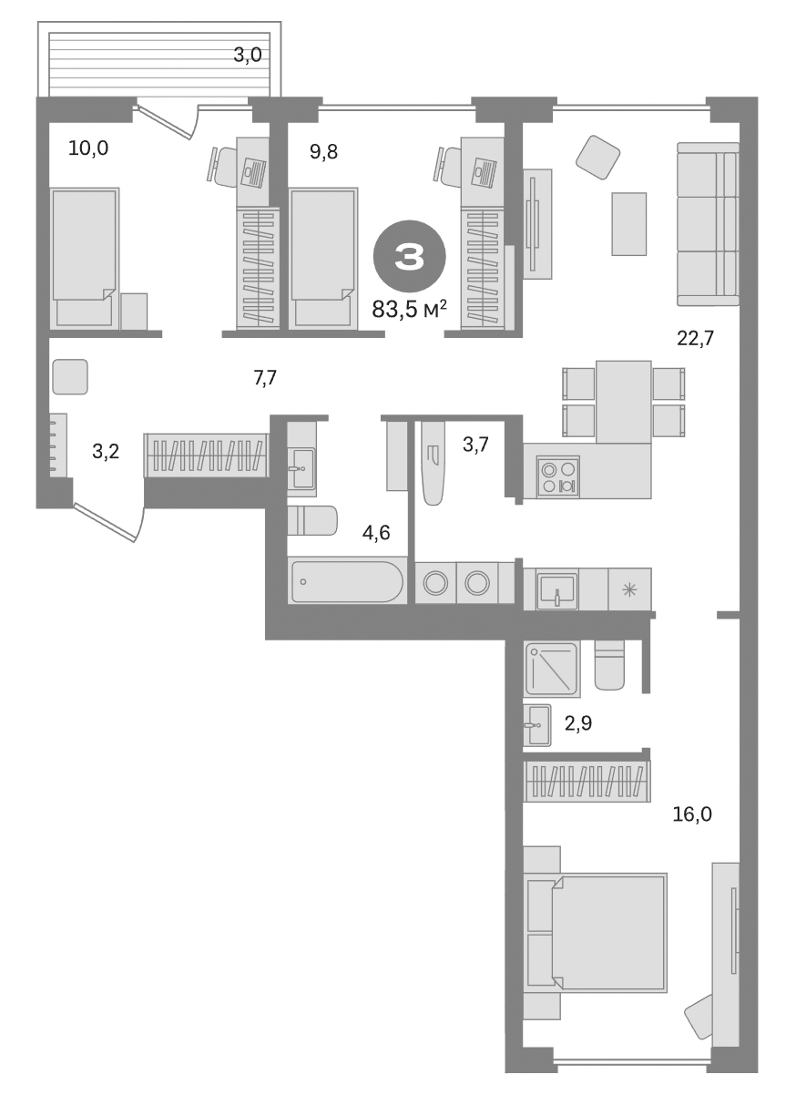 Планировка — Первый квартал. Вторая очередь, 3-комн., 81 м²