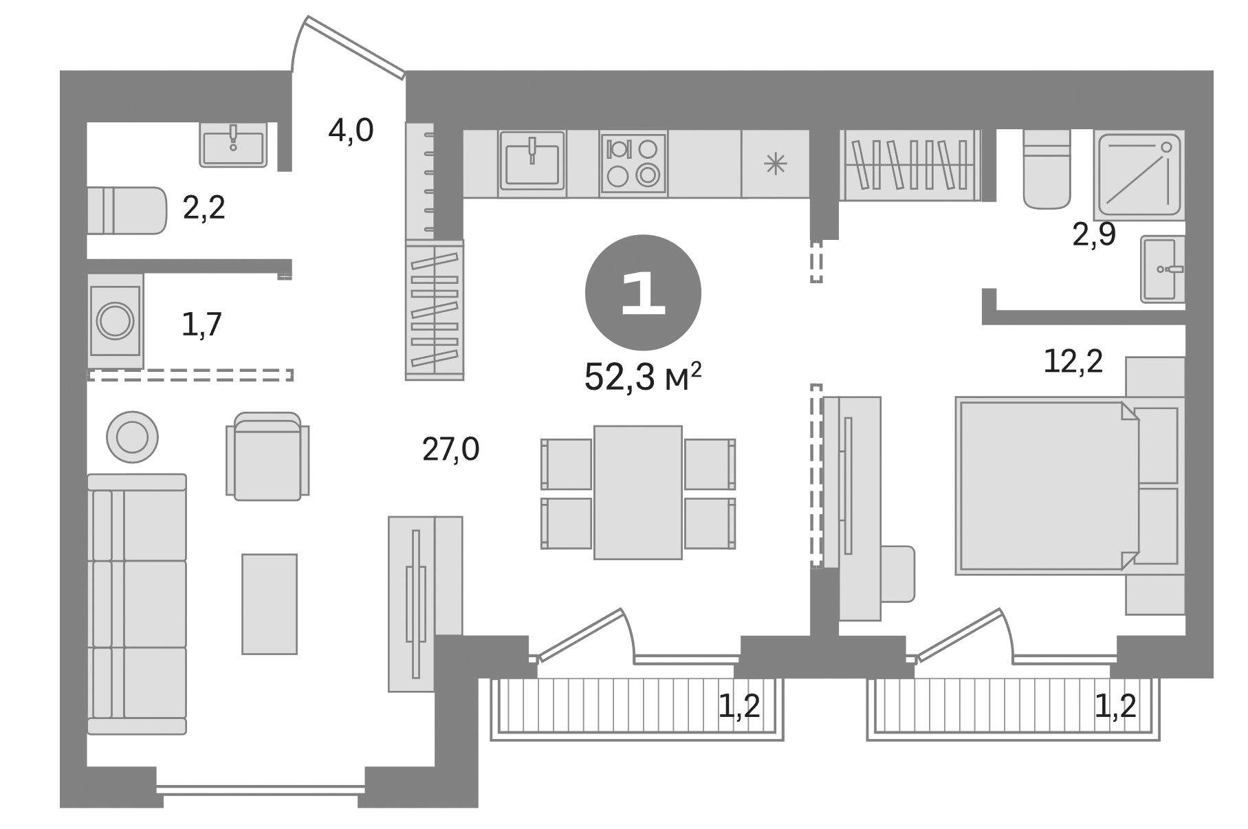 Планировка — Первый квартал. Вторая очередь, 1-комн., 52 м²
