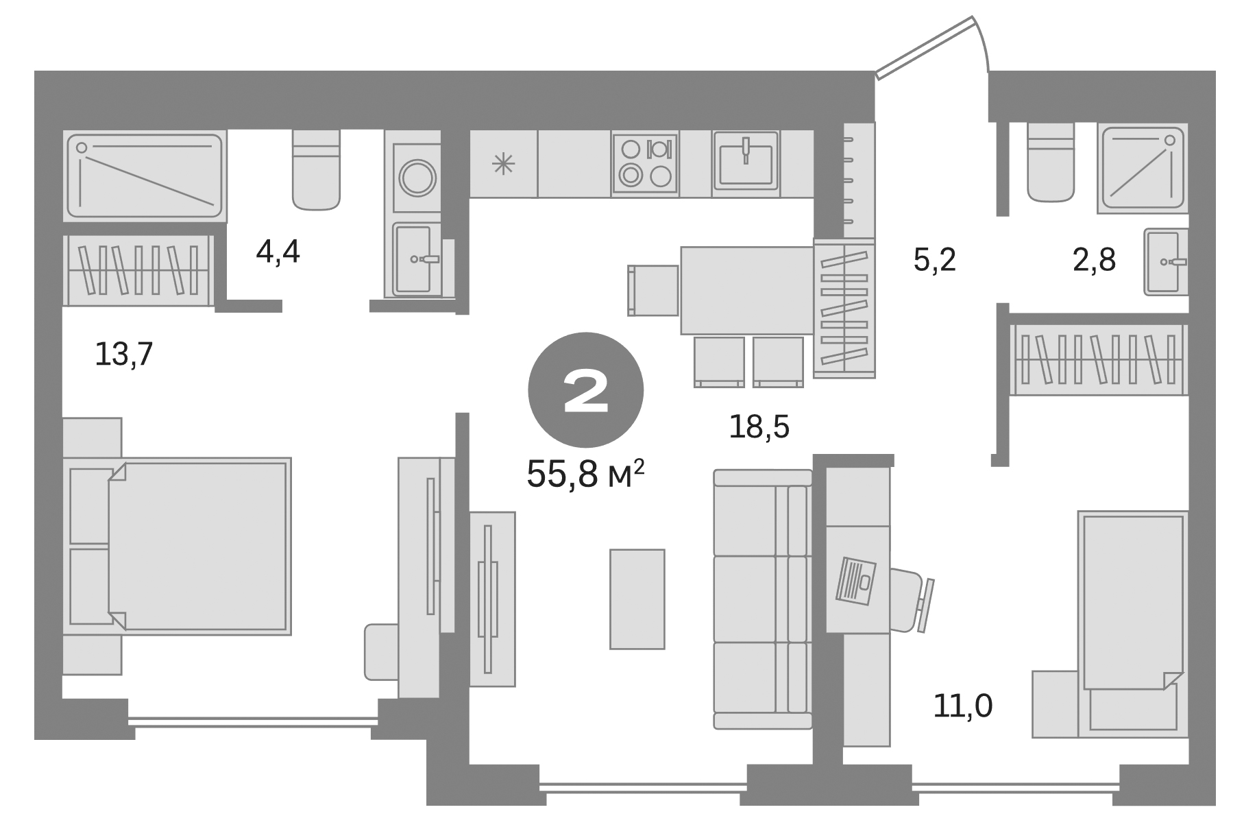 Планировка — Первый квартал. Вторая очередь, 2-комн., 56 м²