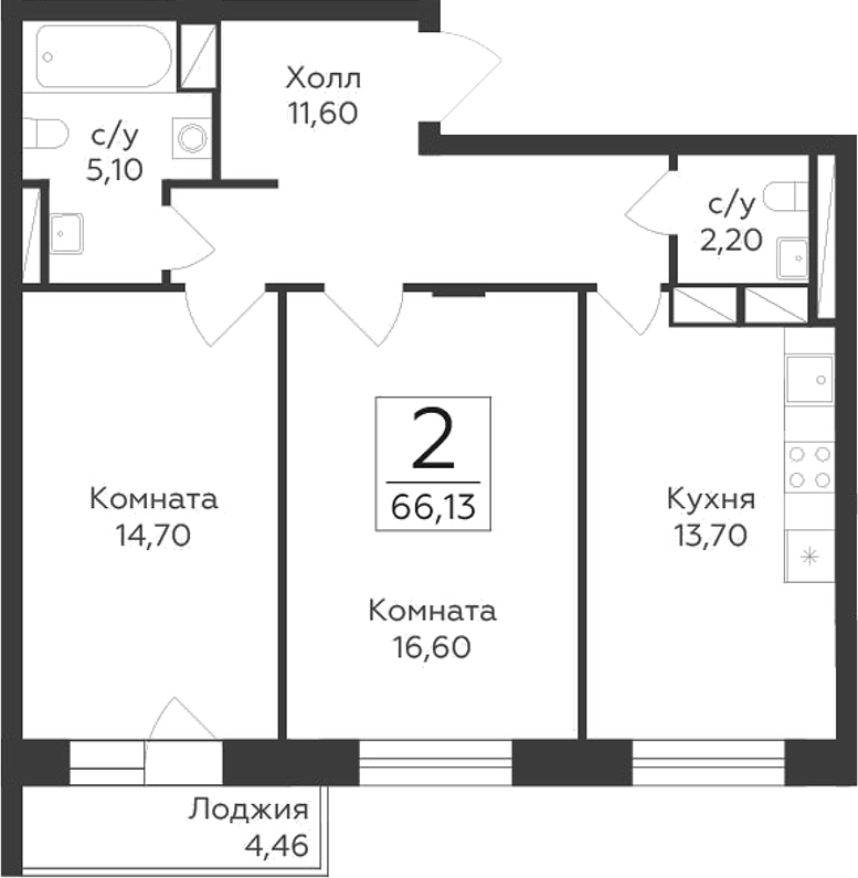 Планировка — Малаховский, 2-комн., 64 м²