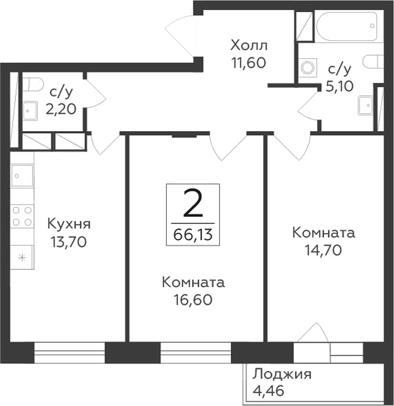 Планировка — Малаховский, 2-комн., 64 м²