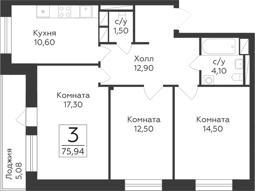 Планировка — Малаховский, 3-комн., 73 м²