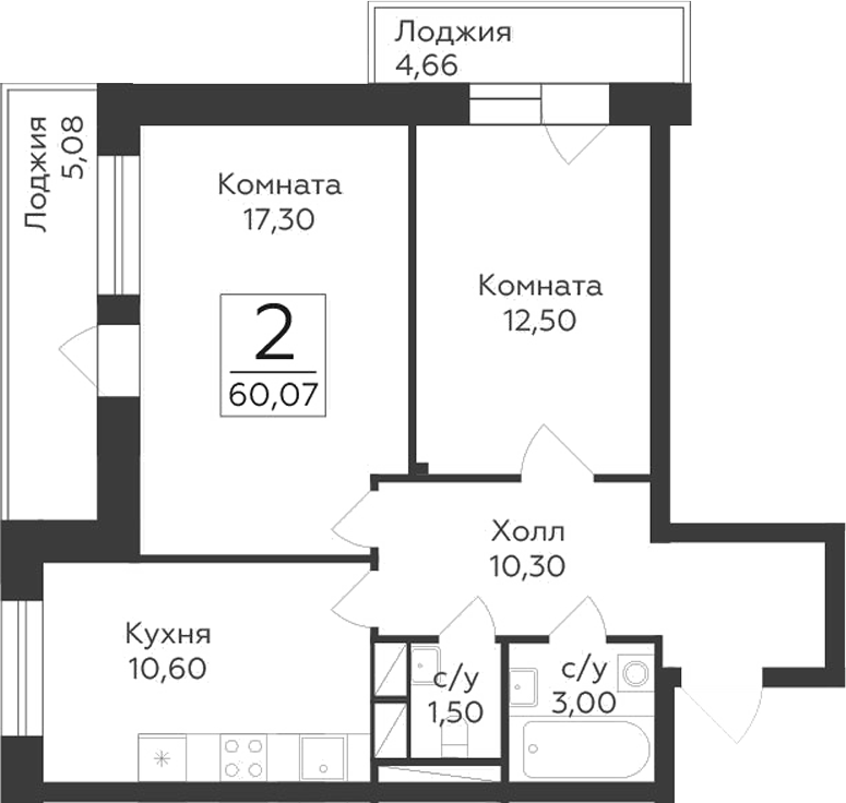 Планировка — Малаховский, 2-комн., 55 м²