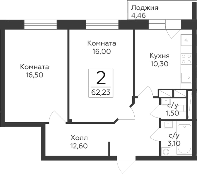 Планировка — Малаховский, 2-комн., 60 м²