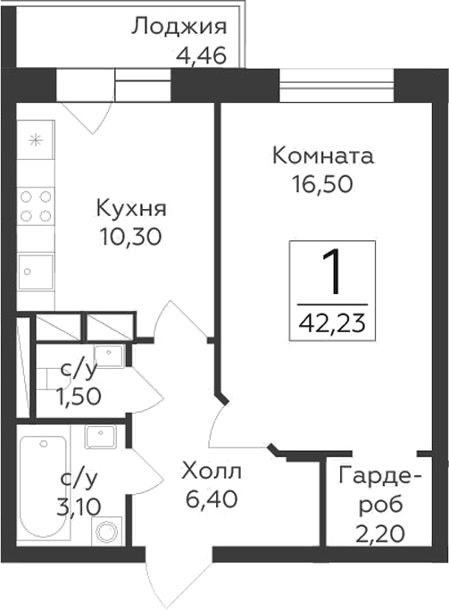 Планировка — Малаховский, 1-комн., 40 м²