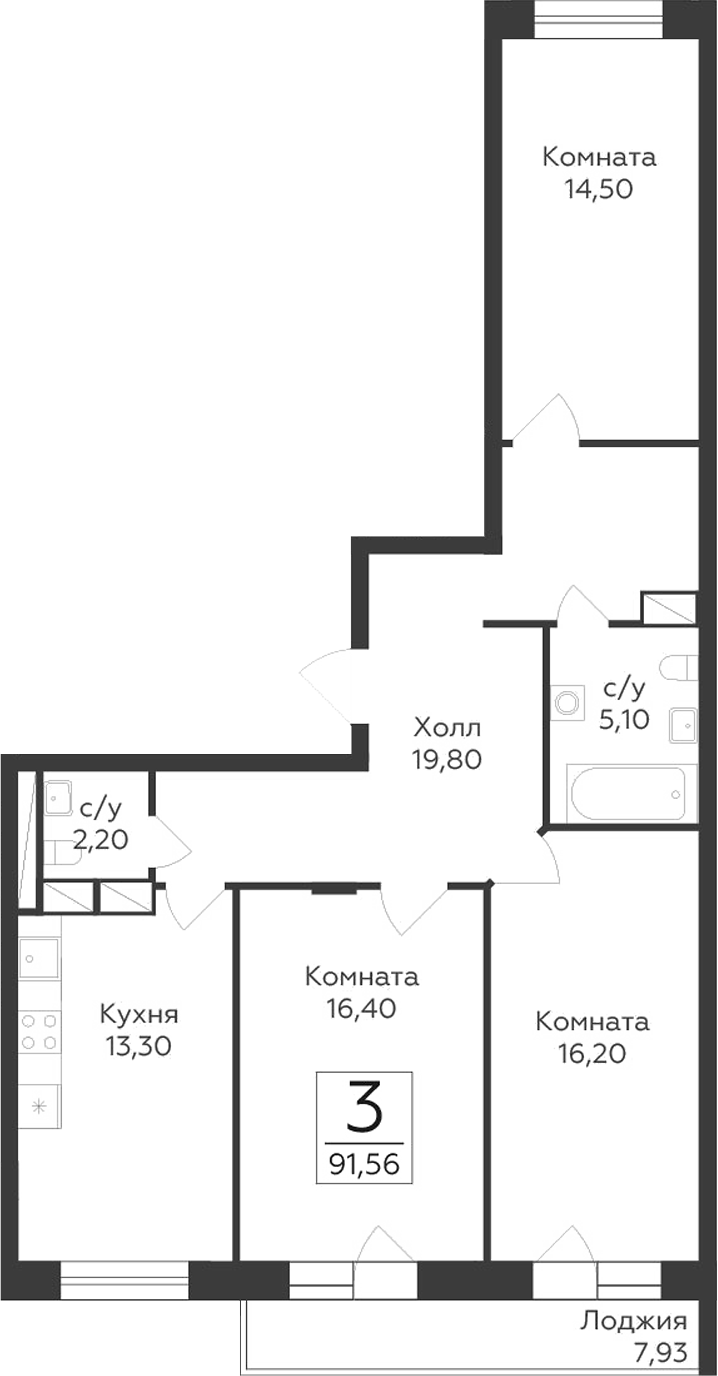 Планировка — Малаховский, 3-комн., 88 м²