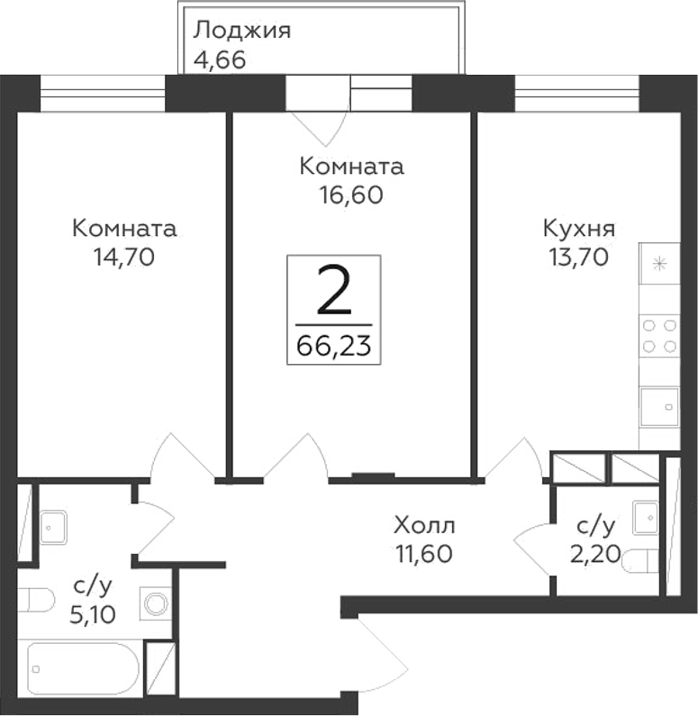 Планировка — Малаховский, 2-комн., 64 м²
