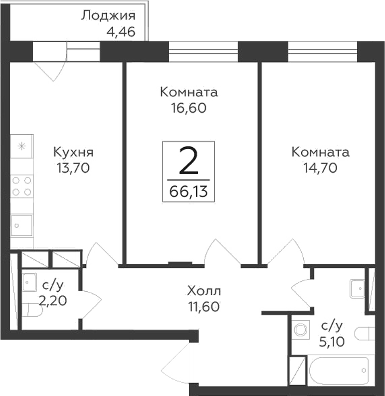 Планировка — Малаховский, 2-комн., 64 м²