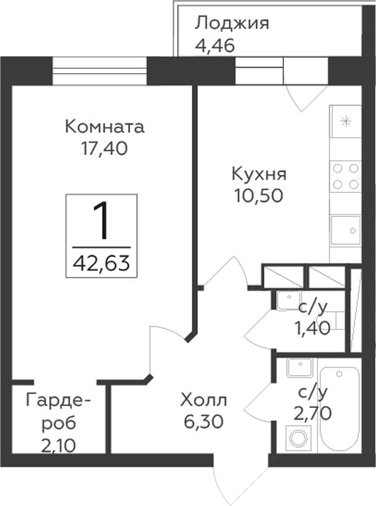 Планировка — Малаховский, 1-комн., 40 м²