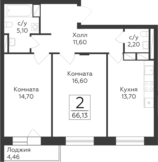 Планировка — Малаховский, 2-комн., 64 м²