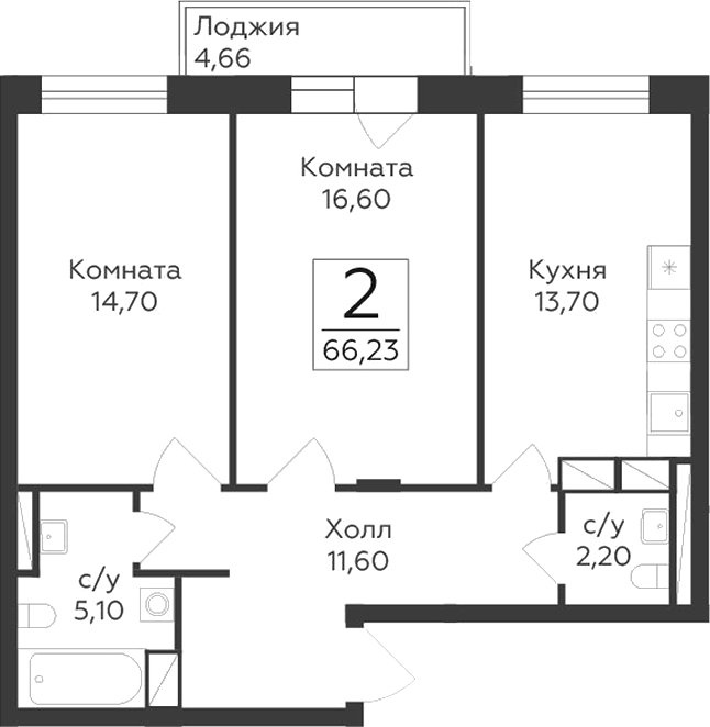 Планировка — Малаховский, 2-комн., 64 м²