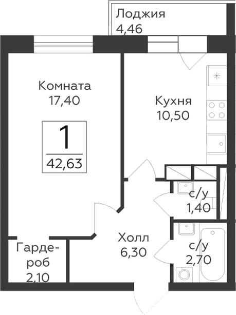 Планировка — Малаховский, 1-комн., 40 м²