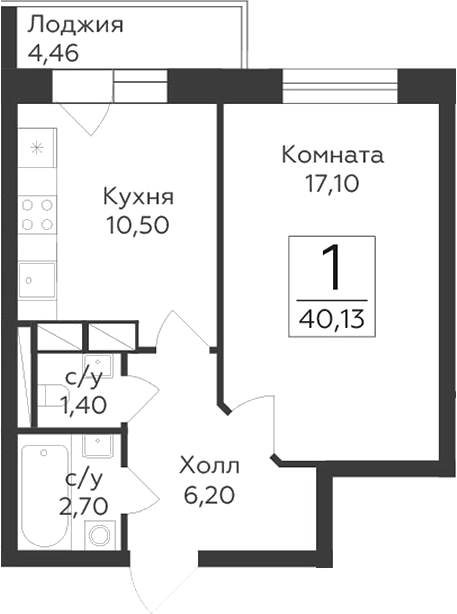 Планировка — Малаховский, 1-комн., 38 м²