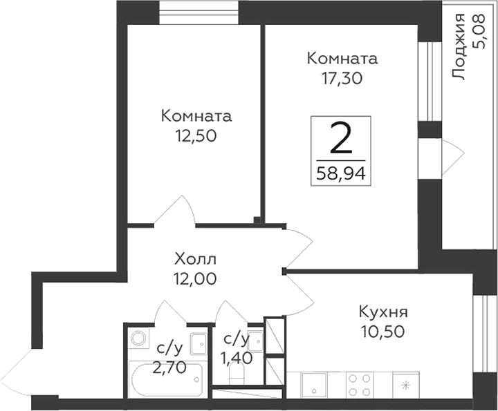 Планировка — Малаховский, 2-комн., 56 м²