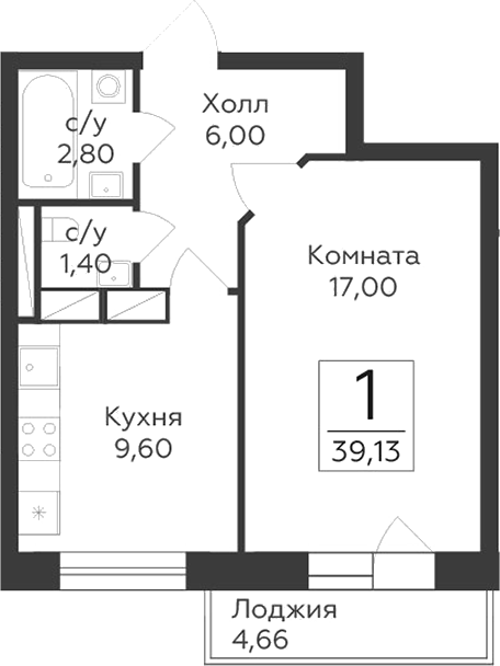 Планировка — Малаховский, 1-комн., 37 м²