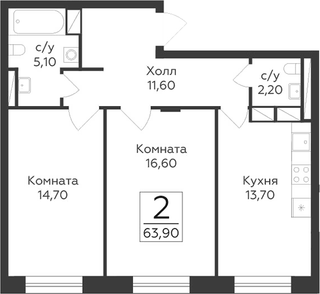 Планировка — Малаховский, 2-комн., 64 м²