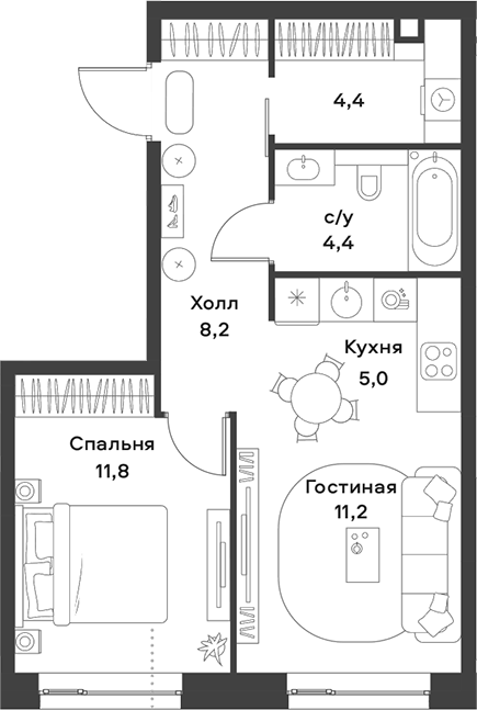 Планировка — ALIA, 2-комн., 45 м²