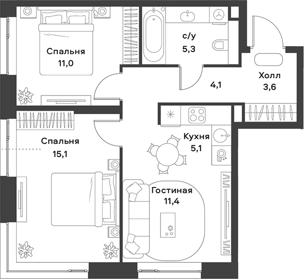 Планировка — ALIA, 3-комн., 56 м²