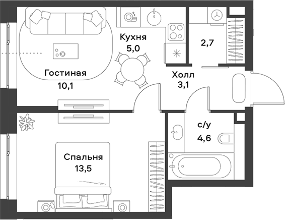 Планировка — ALIA, 2-комн., 39 м²
