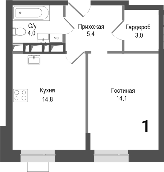 Планировка — Киноквартал, 1-комн., 41 м²