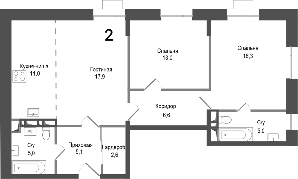 Планировка — Киноквартал, 3-комн., 83 м²