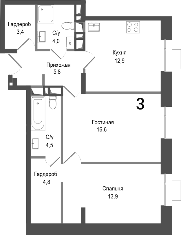 Планировка — Киноквартал, 2-комн., 66 м²
