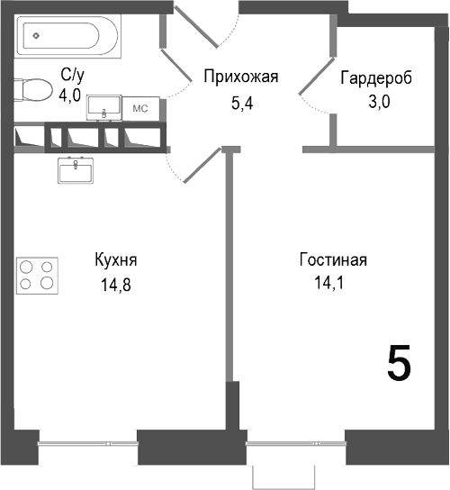 Планировка — Киноквартал, 1-комн., 41 м²