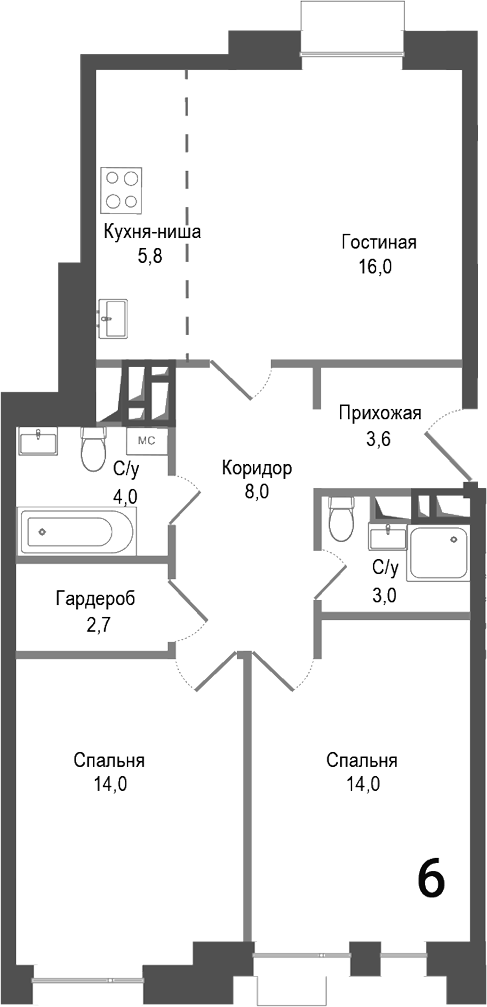 Планировка — Киноквартал, 3-комн., 70 м²