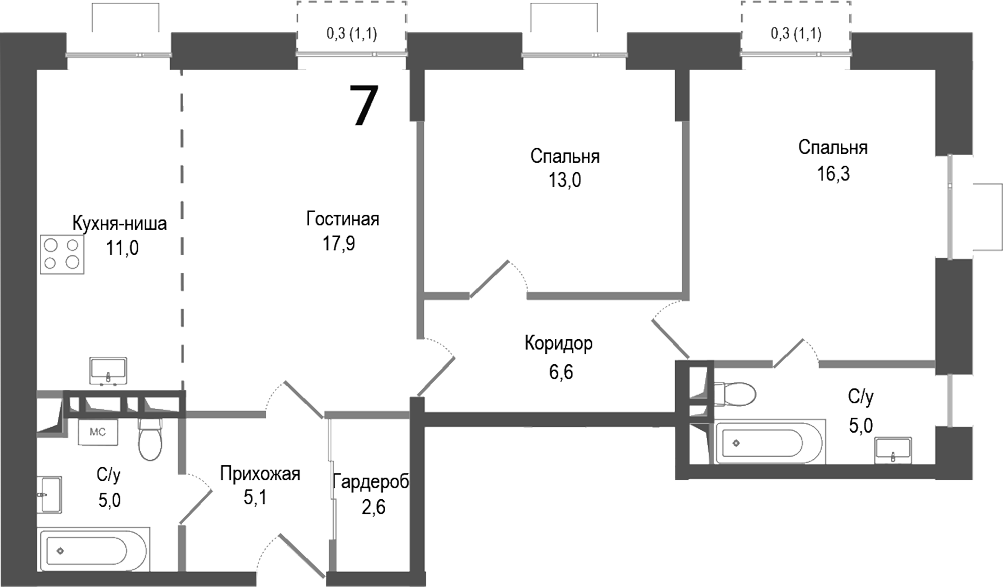 Планировка — Киноквартал, 3-комн., 83 м²