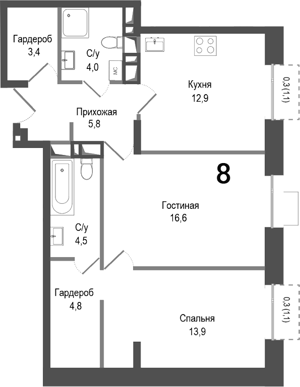 Планировка — Киноквартал, 2-комн., 66 м²