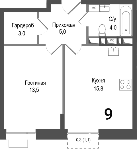 Планировка — Киноквартал, 1-комн., 41 м²