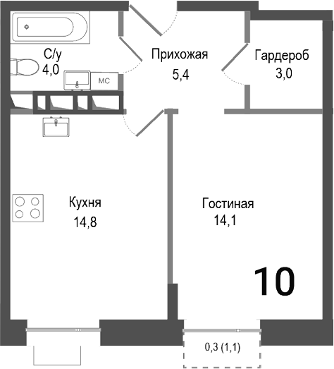 Планировка — Киноквартал, 1-комн., 41 м²