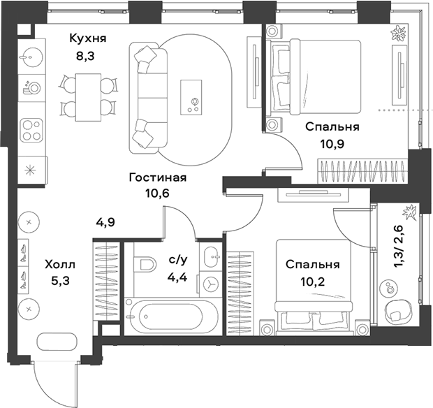 Планировка — ALIA, 3-комн., 55 м²