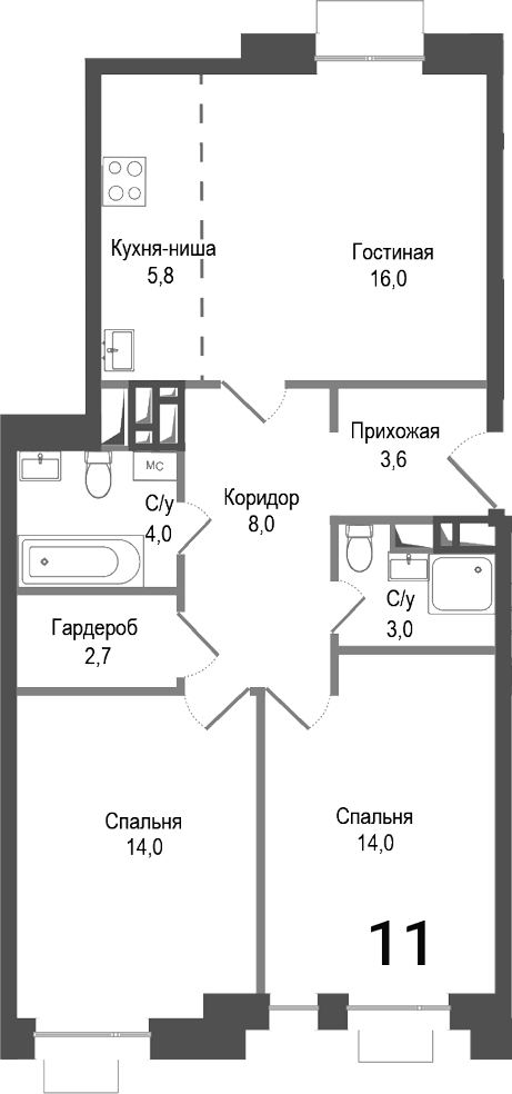 Планировка — Киноквартал, 3-комн., 70 м²
