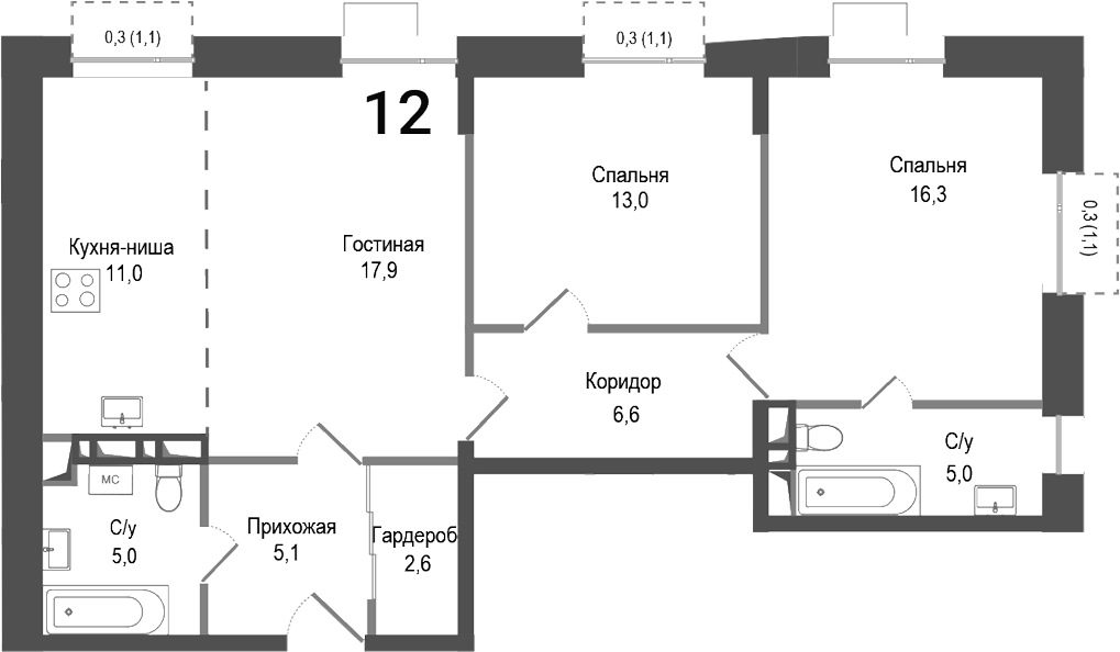 Планировка — Киноквартал, 3-комн., 83 м²
