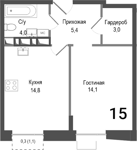 Планировка — Киноквартал, 1-комн., 41 м²