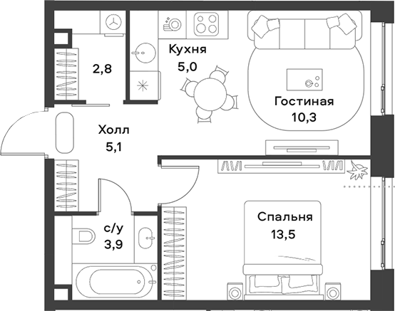 Планировка — ALIA, 2-комн., 41 м²