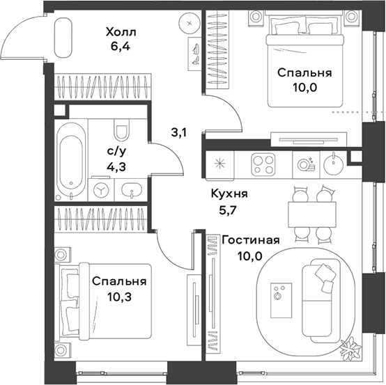 Планировка — ALIA, 3-комн., 50 м²
