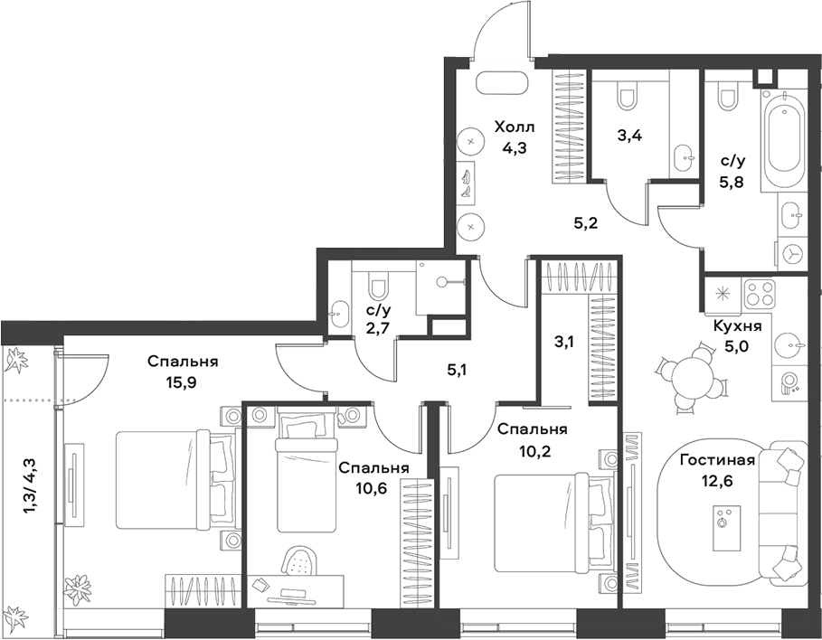 Планировка — ALIA, 4-комн., 84 м²