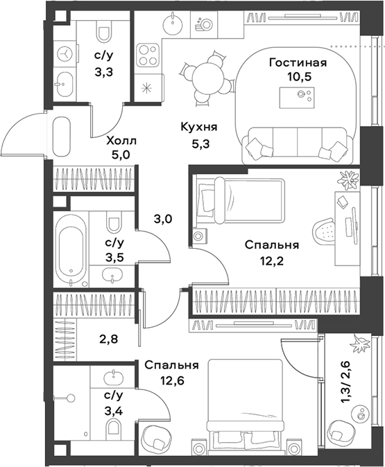 Планировка — ALIA, 3-комн., 62 м²
